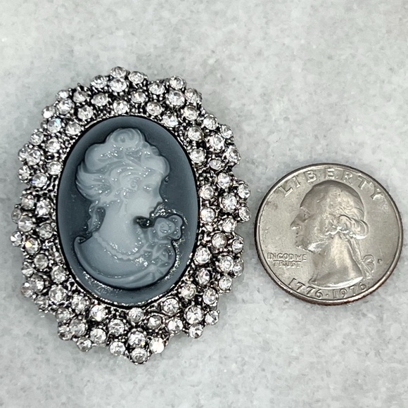 Gray Resin & Austrian Crystal Silver Cameo Brooch - Picture 6 of 6